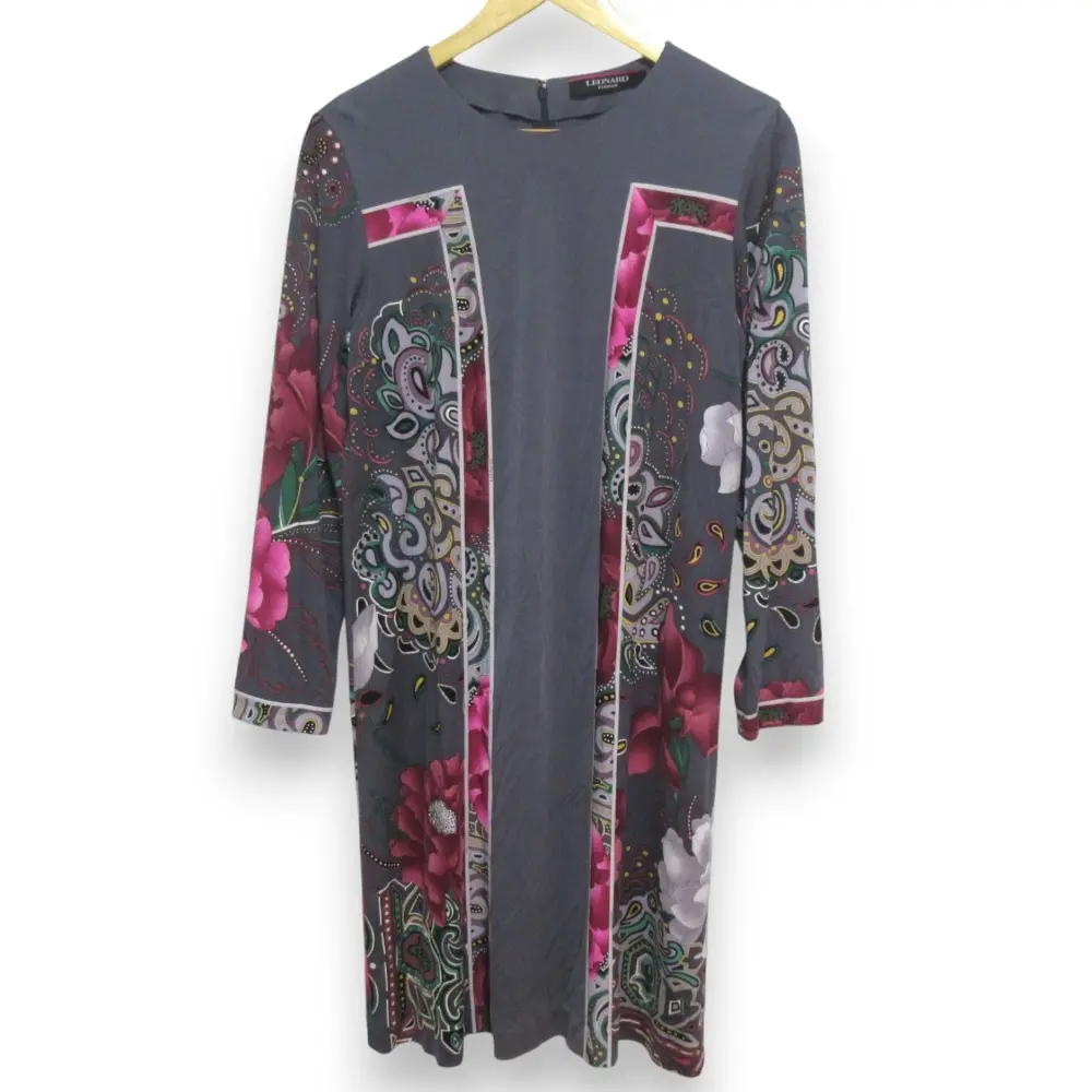 LEONARD レオナール カンカン素材 フラワー＆ペイズリー柄 長袖 ワンピース サイズ42 グレー系マルチカラー