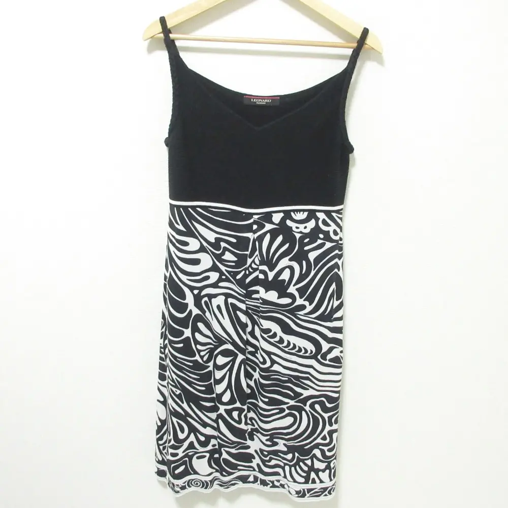 LEONARD レオナール ストレッチ ノースリーブ ニットワンピース 3 ブラック×ホワイト