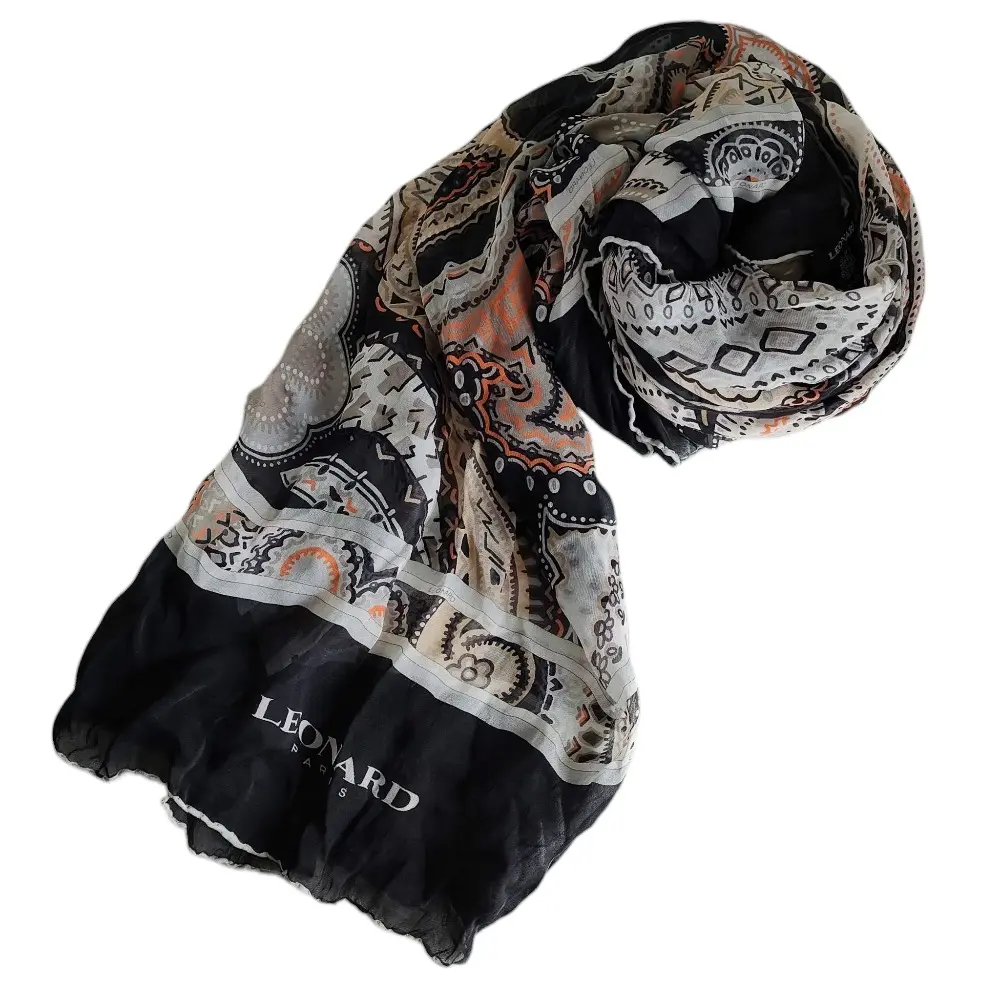 LEONARD レオナール シルク100％ ペイズリー柄 大判 ストール ショール スカーフ ブラック系