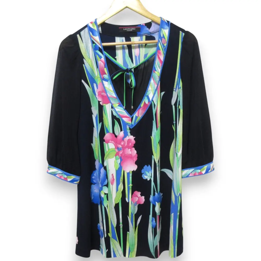 LEONARD レオナール カンカン フラワーライン 長袖 シアースリーブ チュニックワンピース サイズ42 ブラック系マルチカラー