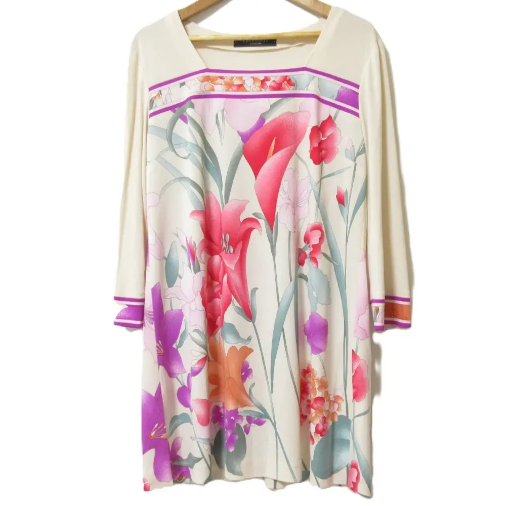 LEONARD レオナール カンカン フラワープリント 長袖 チュニック ワンピース サイズ38 パープル系マルチカラー