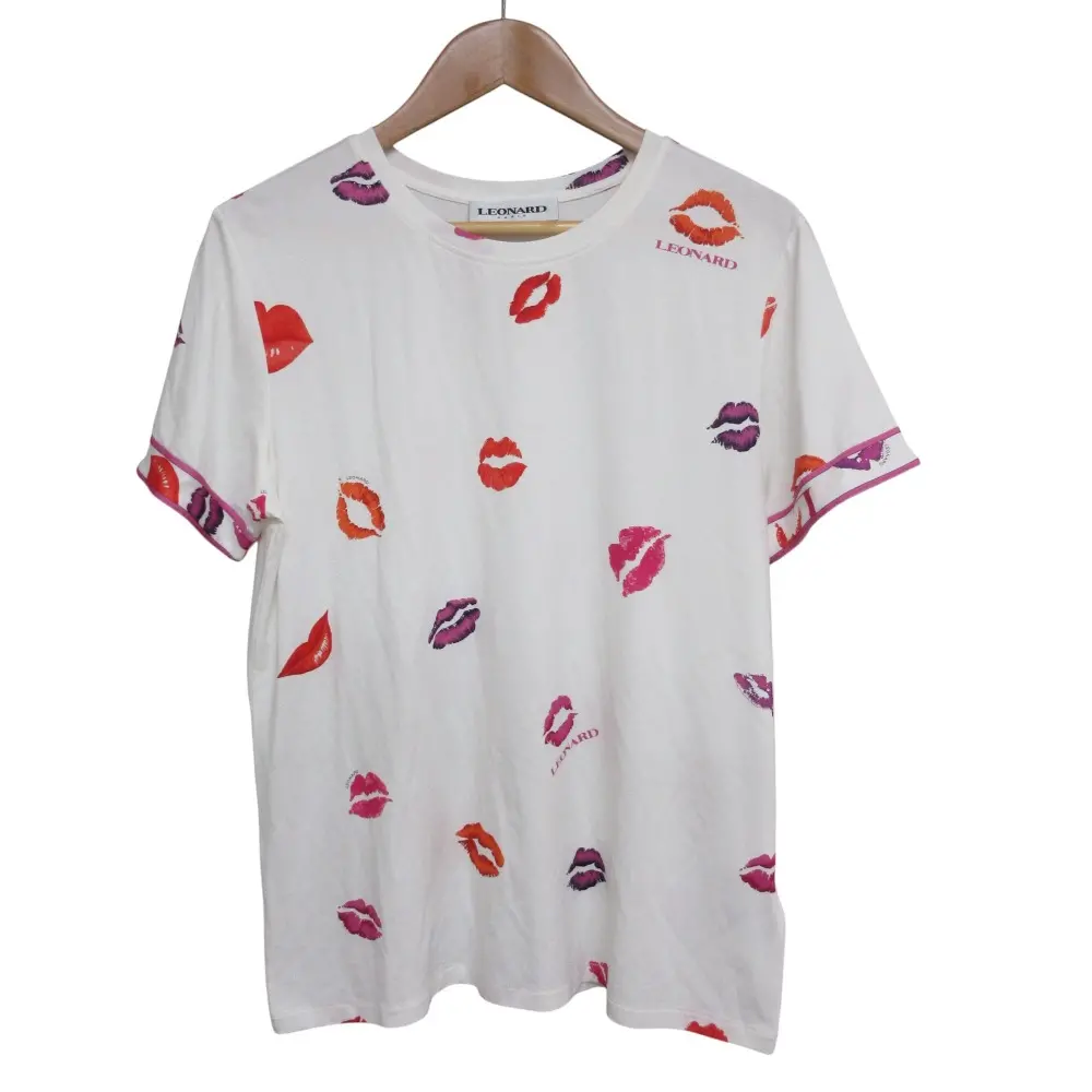 LEONERD レオナール リッププリント ストレッチ クルーネック 半袖 Tシャツ 38 ホワイト レッド パープル