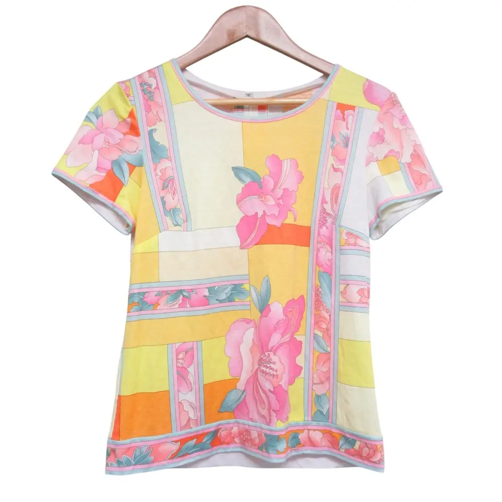 LEONERD レオナール フラワープリント ショートスリーブ カットソー 38 イエロー ピンク