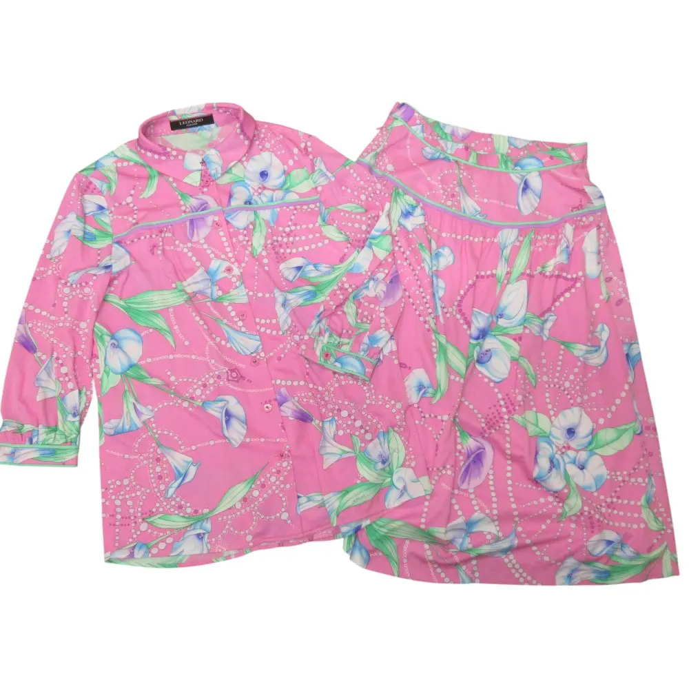 LEONARD レオナール フラワープリント カンカンストレッチ ギャザー シャツ フレアスカート セットアップ 38 ピンク