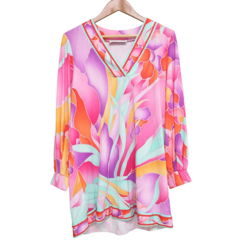 LEONARD レオナール フラワープリント Vネック 長袖 チュニック カットソー 38 ピンク パープル