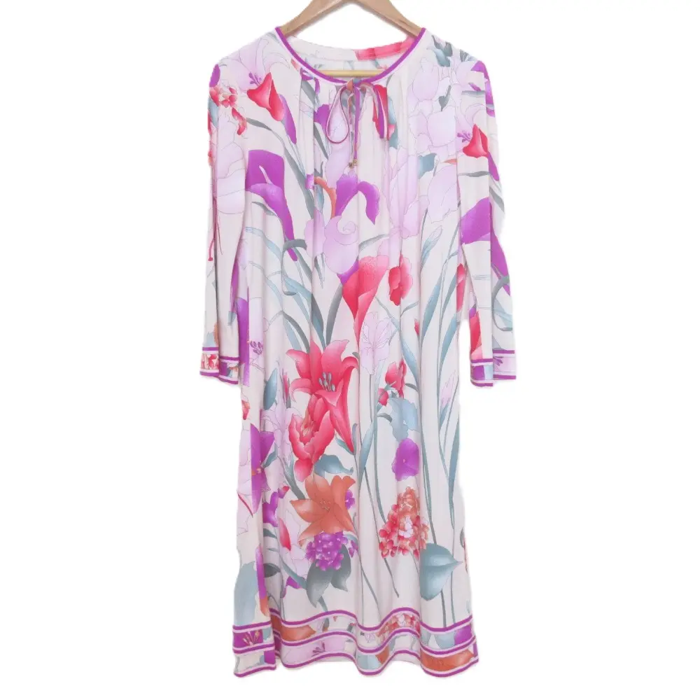 LEONARD レオナール カンカンストレッチ フラワープリント リボン 長袖 ドレス ワンピース サイズ38 パープル