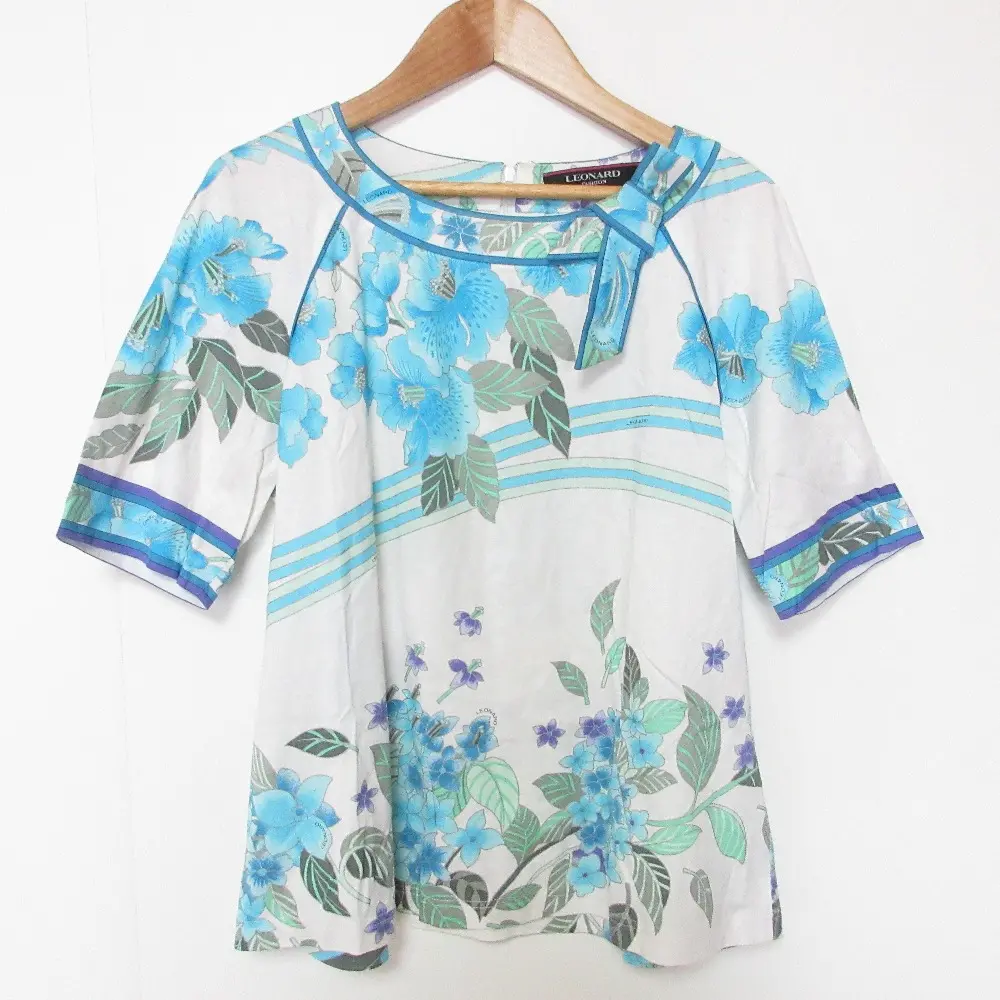 LEONARD レオナール フラワープリント リボン ショートスリーブ カットソー プルオーバー 42 ホワイト×ライトブルー