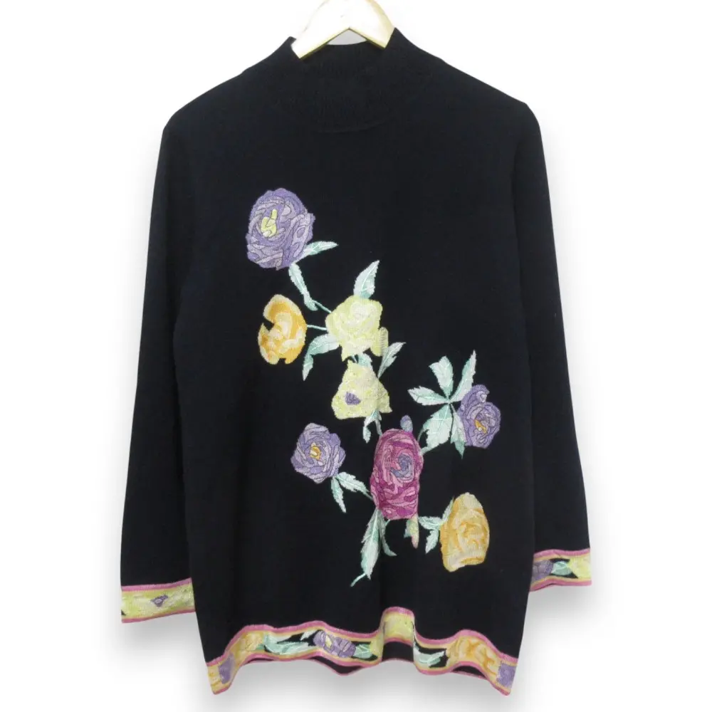 LEONARD レオナール カシミヤ×シルク フラワー刺繍 ボトルネック 長袖 チュニック ニット セーター サイズ42 ダークネイビー