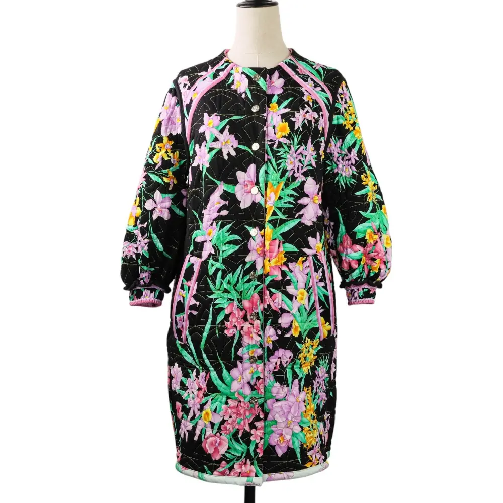 LEONARD PARIS レオナール フラワープリント リバーシブル ノーカラー キルティングコート サイズ38 ライトグリーン