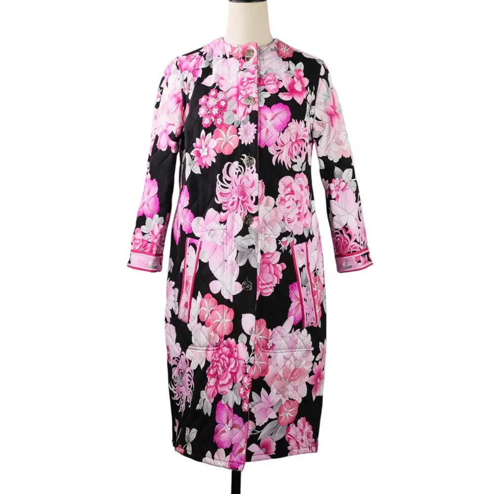 LEONARD PARIS レオナールパリ フラワープリント マフラー付き リバーシブル キルティング コート サイズ38 ブラック