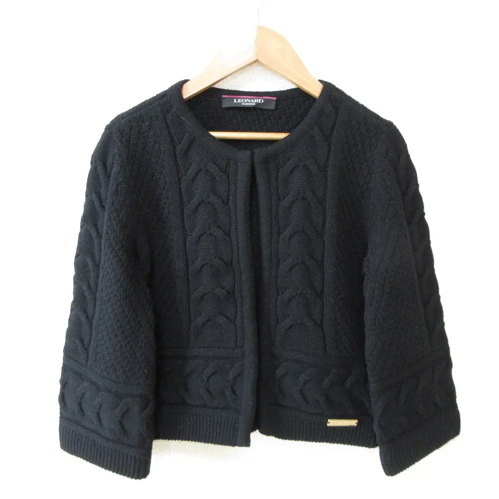 LEONARD レオナール ウール ショート丈 ケーブルニットカーディガン ノーカラージャケット サイズ36 ブラック
