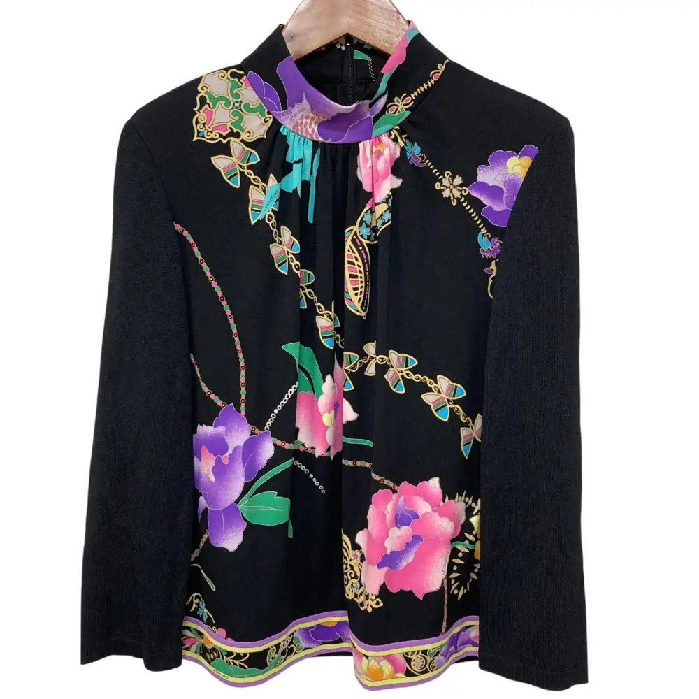 LEONARD レオナール カンカン素材 総柄 モックネックブラウス サイズ38 ブラック