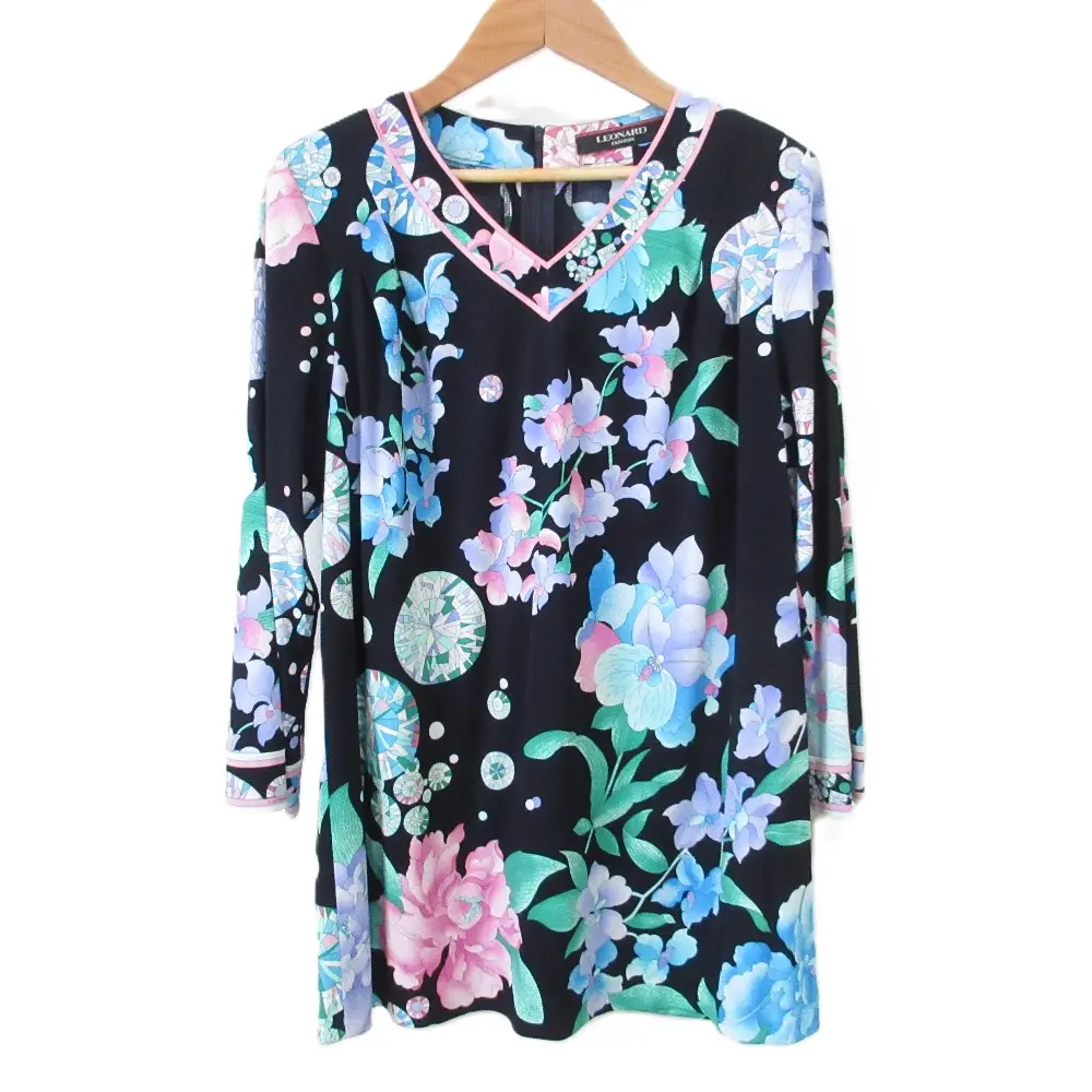 LEONARD レオナール カンカンストレッチ フラワープリント柄 ロングスリーブ Vネック トップス ブラウス シャツ 40 ネイビー