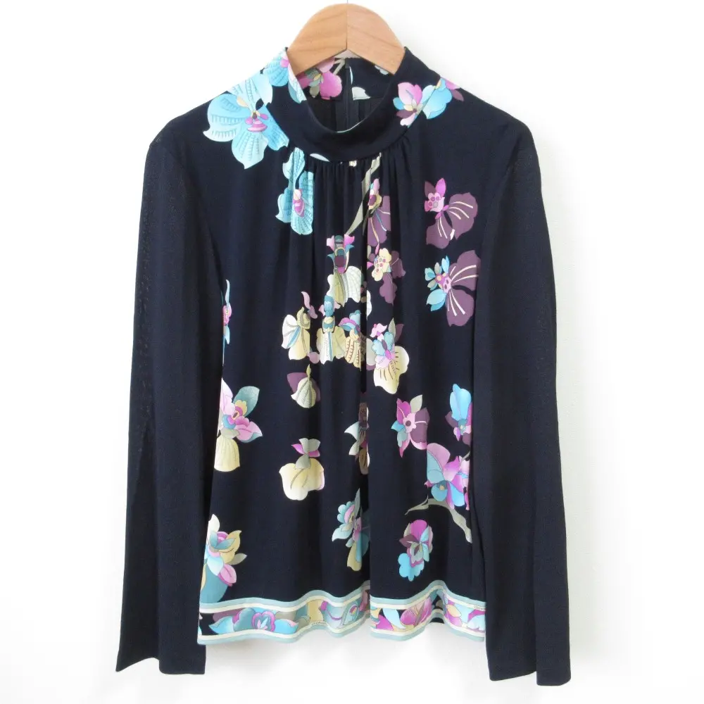LEONARD レオナール フラワープリント柄 ロングスリーブ ハイネック ギャザーカットソー ブラウス シャツ 42 ネイビー