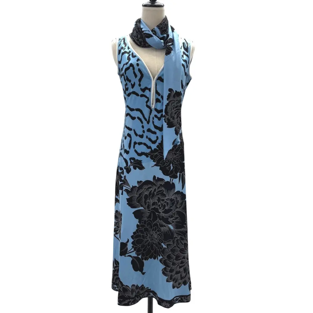 LEONARD PARIS レオナールパリ ストール付き ノースリーブ フラワー レオパード柄 シルク ドレスワンピース 38 ライトブルー