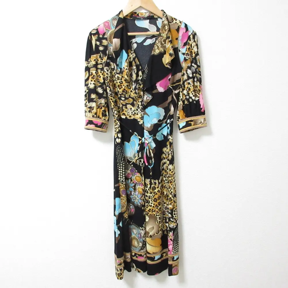 LEONARD レオナール レオパード柄 カンカンストレッチ ベルテッド ロングワンピース サイズM ブラック マルチカラー