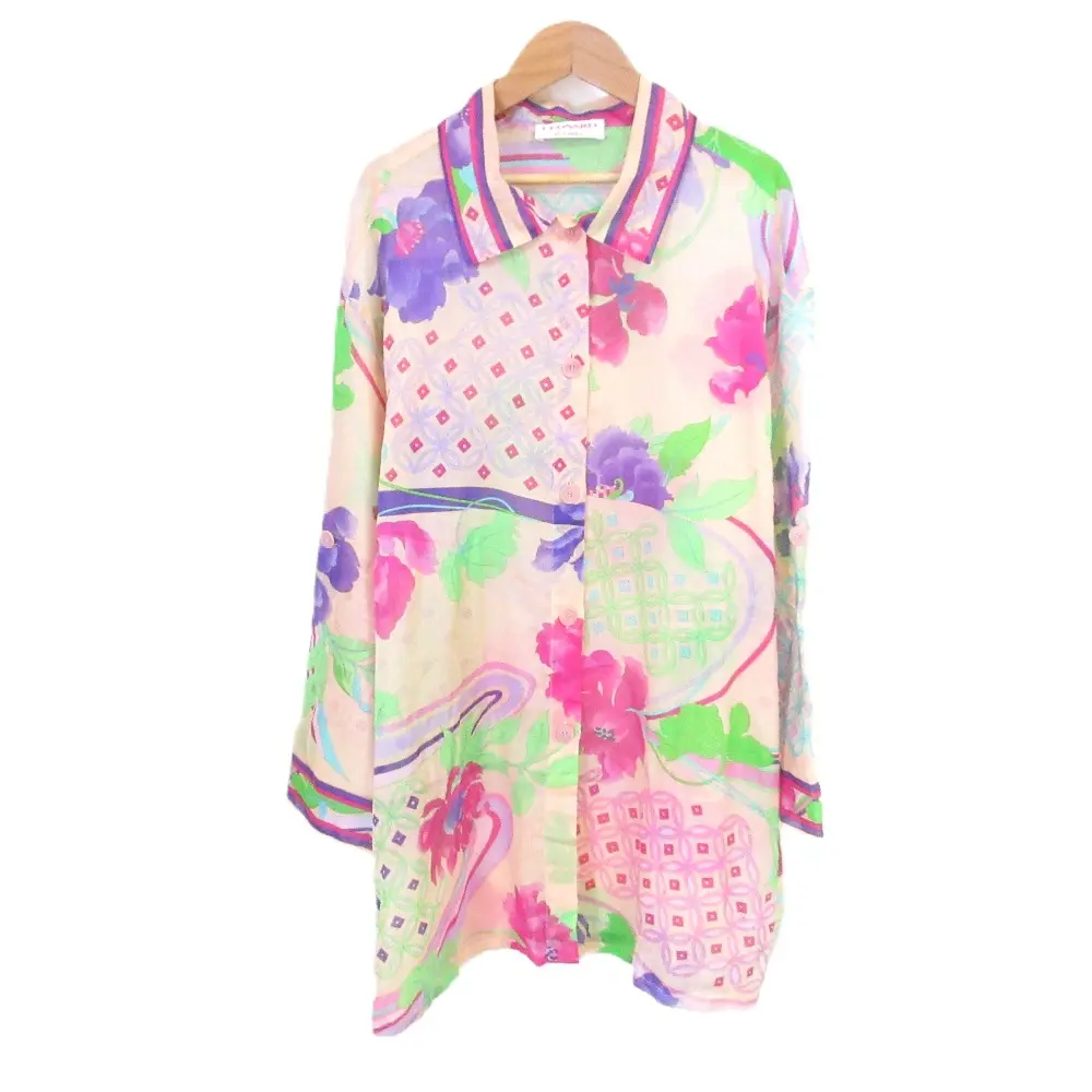 LEONARD PARIS レオナール FUCHSIA ロングスリーブ シアーロングシャツ ブラウス サイズ44 ピンクベージュ