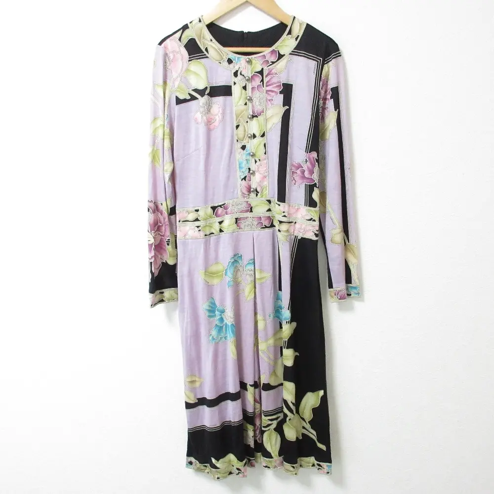 LEONARD レオナール フラワープリント ウールシルク フェイクパールボタン 長袖 ワンピース M ライトパープル