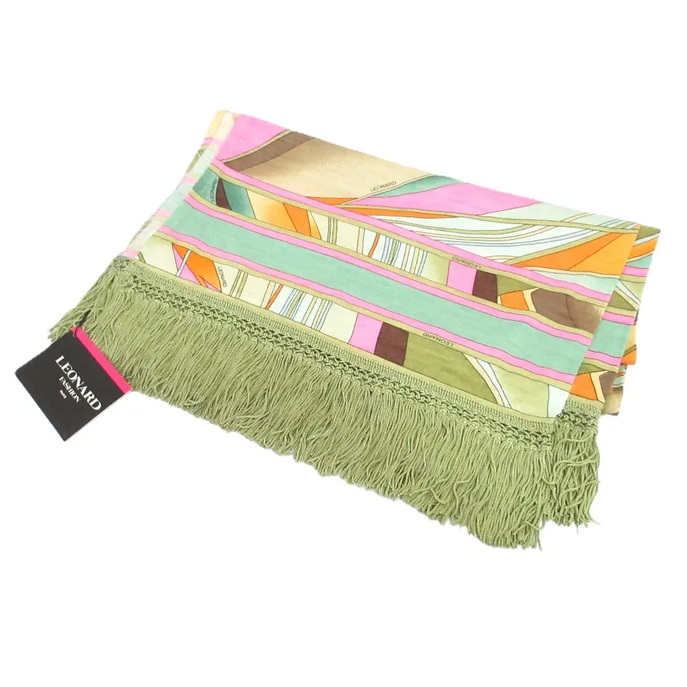 LEONARD レオナール ウールシルク 総柄 フリンジ ストール マフラー マルチカラー