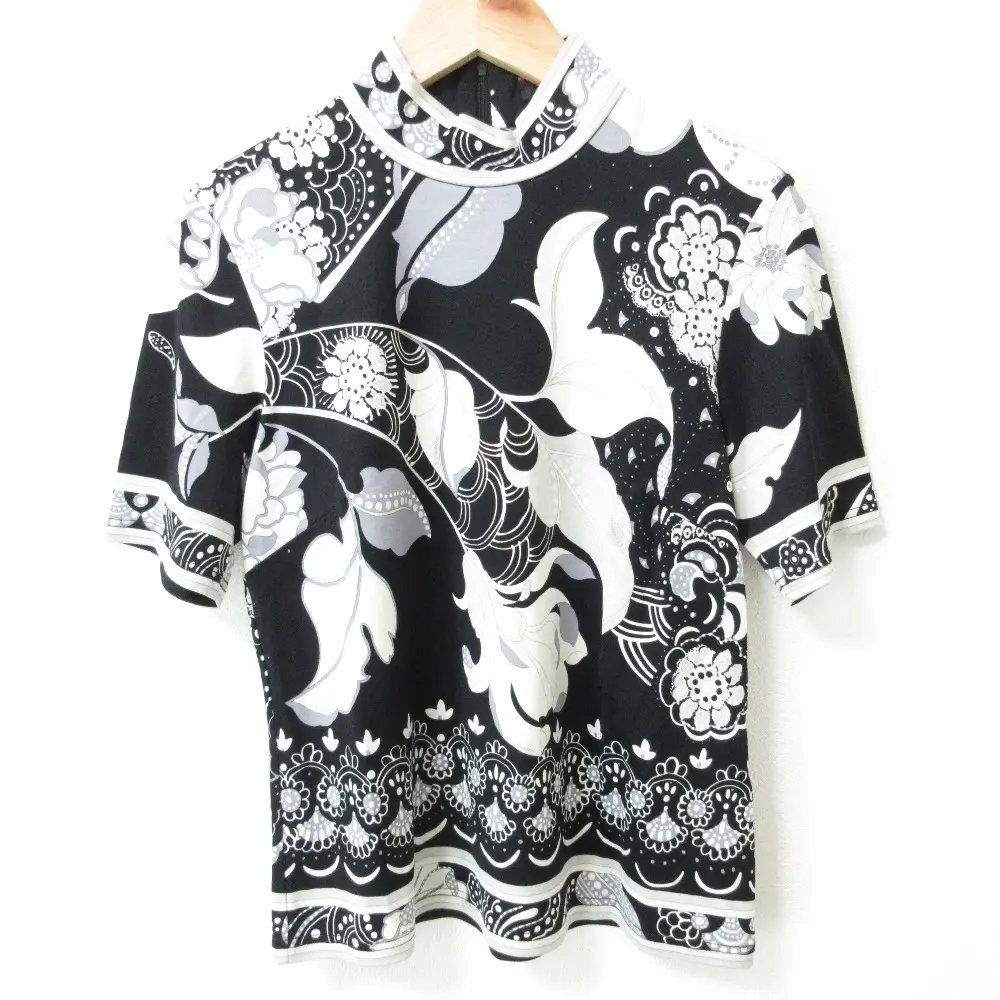 LEONARD レオナール フラワープリント 半袖 ハイネック カットソー M ブラック グレー ホワイト