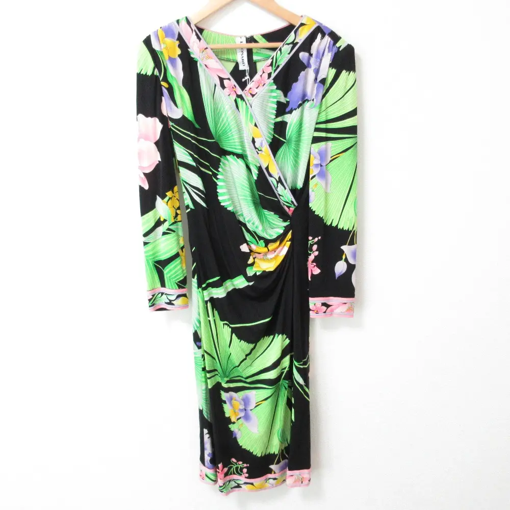 LEONARD PARIS レオナール フラワープリント シルク100％ カシュクール ドレープドレス ワンピース サイズ42 マルチカラー