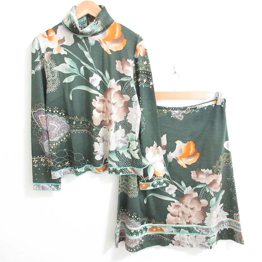 LEONARD レオナール フラワープリント タートルネック ニットカットソー+スカート セットアップ M/67 グリーン