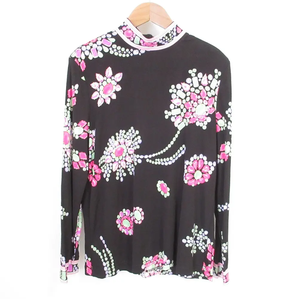 LEONARD PARIS レオナールパリ フラワービジュープリント ストレッチ ハイネック ブラウス カットソー サイズ44 ブラック