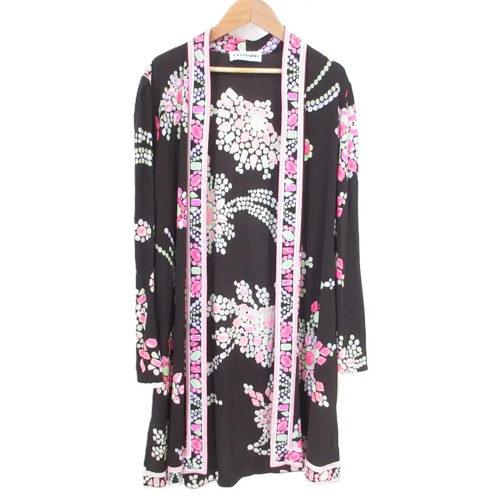 LEONARD PARIS レオナールパリ ビジュープリント シルク100％ オープンフロント ロングカーディガン サイズ48 ブラック
