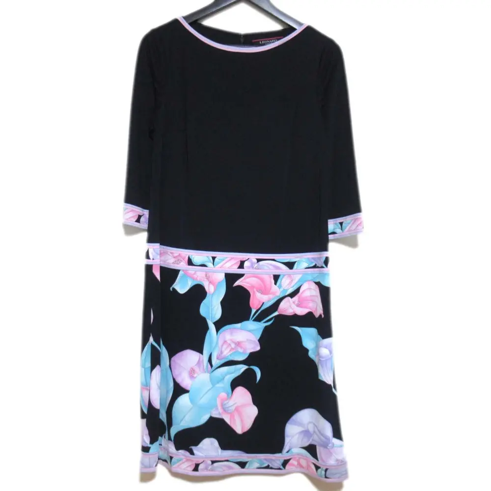 LEONARD レオナール カンカンストレッチ フラワープリント 七分袖 ひざ丈 ワンピース サイズ40 ネイビー