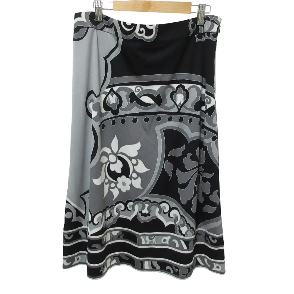 クリーニング済 LEONARD レオナール カンカン フラワープリント 膝下丈 スカート 44 ブラック グレー