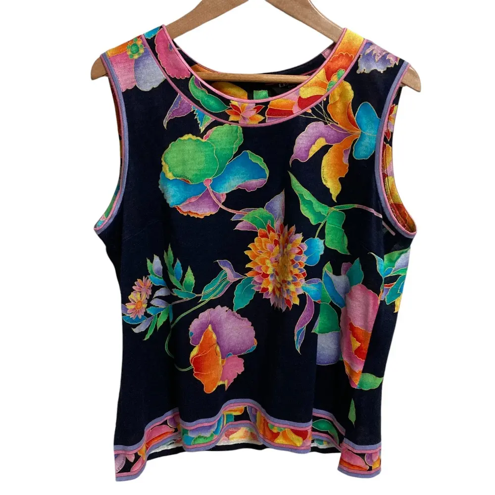 LEONARD レオナール フラワープリント リネン100％ ノースリーブ ブラウス カットソー タンクトップ Lサイズ ネイビー