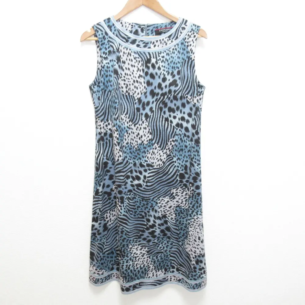 LEONARD レオナール レオパードプリント ノースリーブワンピース サイズ40 ブルー