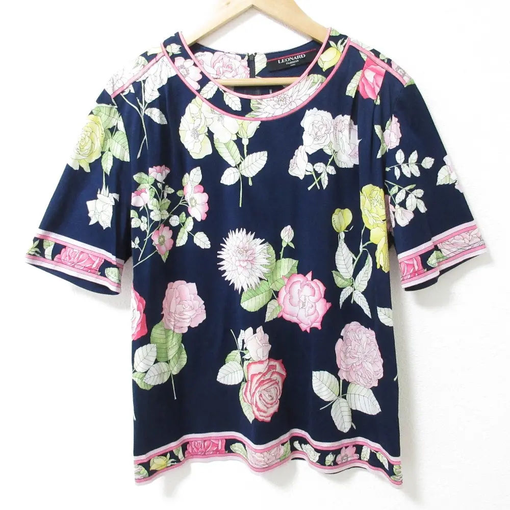 LEONARD レオナール フラワープリント コットン ショートスリーブ カットソー Tシャツ サイズM ネイビー