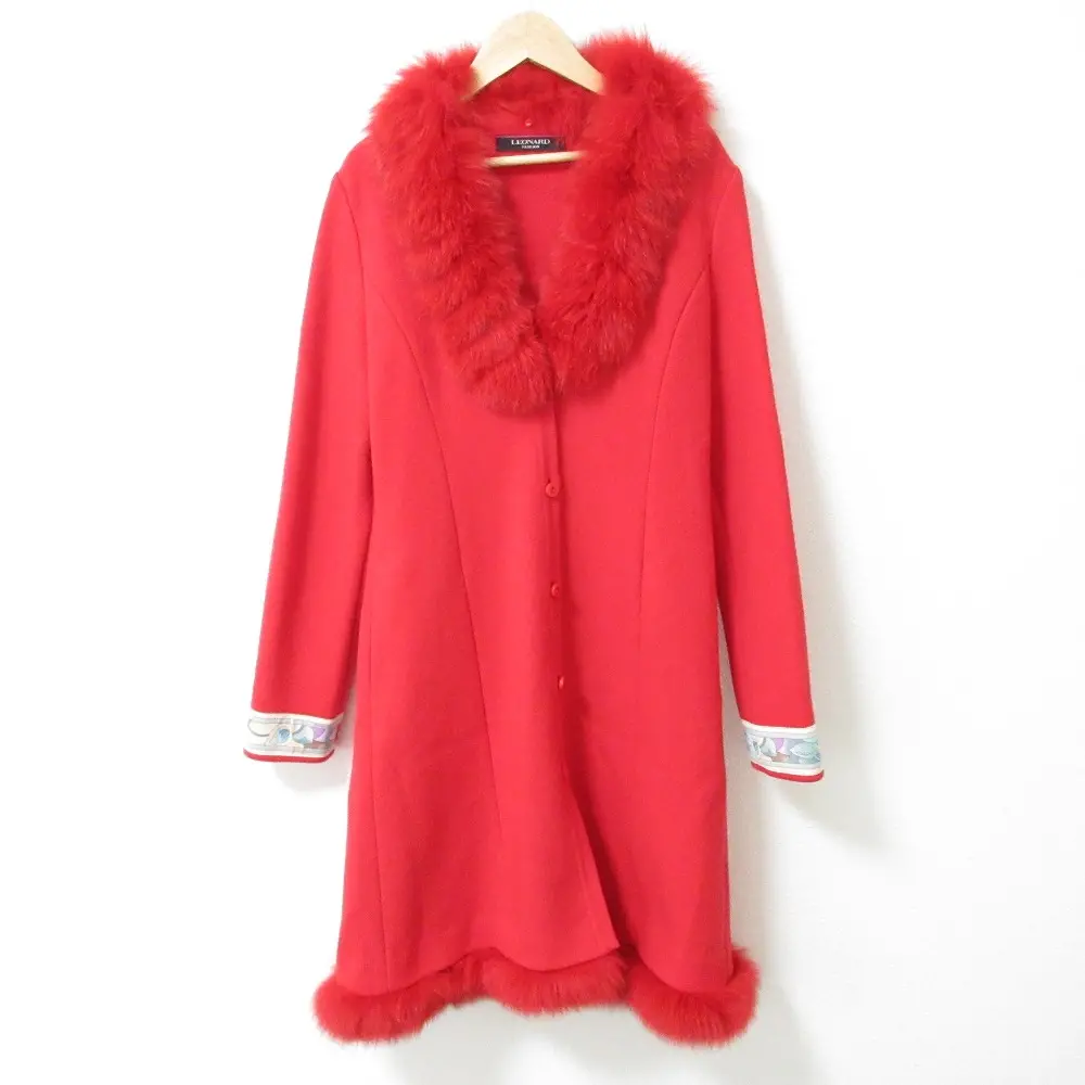 LEONARD レオナール フォックスファーカラー ウールコート サイズ36 レッド 