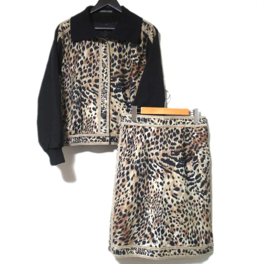 LEONARD FASHION レオナールファッション レオパード柄 ジャケット+ひざ丈 スカート セットアップ Lサイズ ブラック×ベージュ