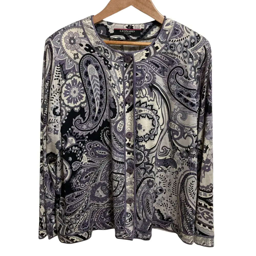 LEONARD レオナール ウールシルク ペイズリー柄 クルーネックカーディガン LLサイズ パープル