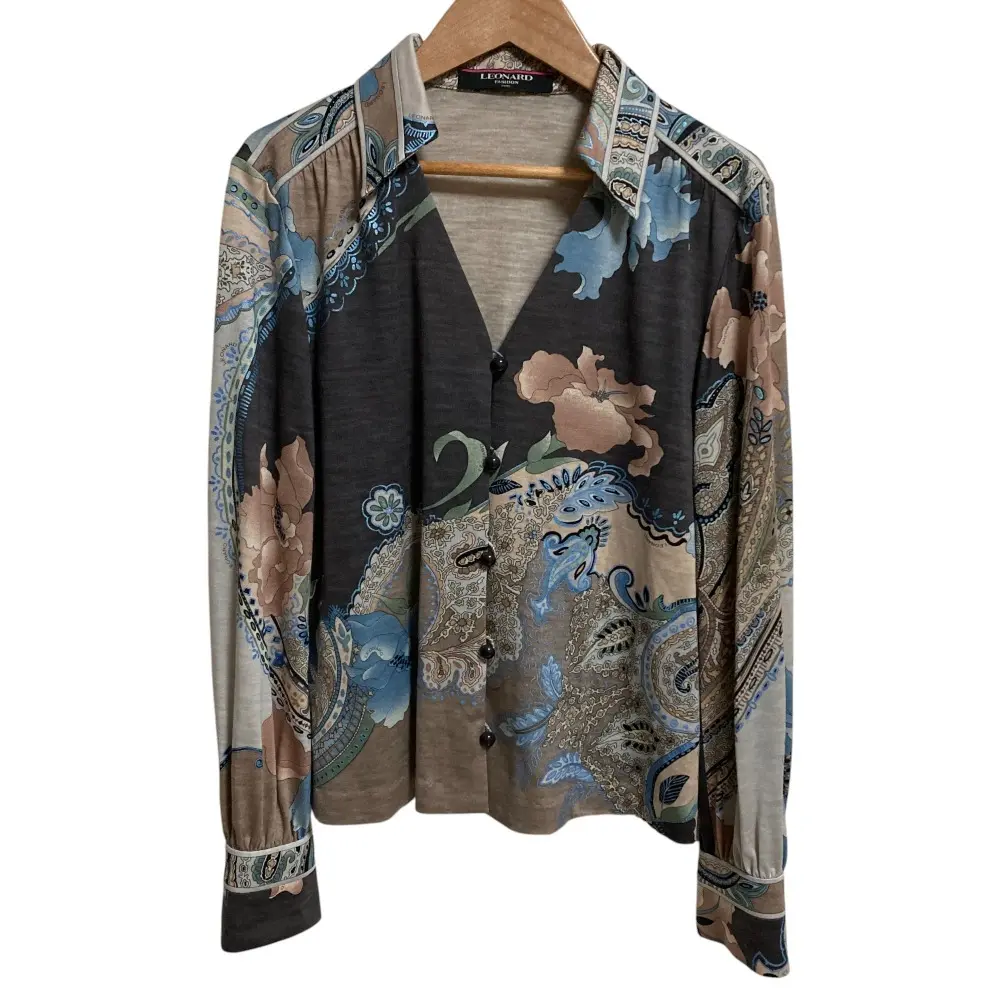 LEONARD レオナール ウールシルク 花柄 襟付きカーディガン Lサイズ チャコールグレー