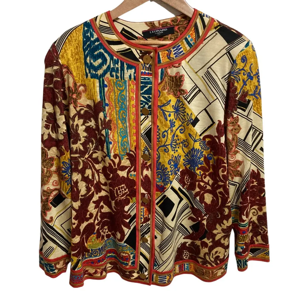 LEONARD レオナール 総柄 ノーカラージャケット カーディガン Lサイズ ブラウン ベージュ