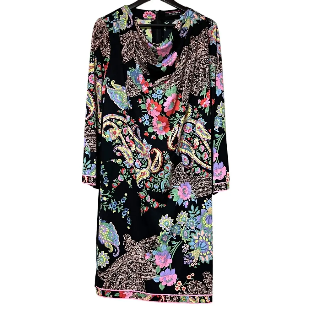 LEONARD FASHION レオナールファッション カンカンストレッチ ペイズリー フラワープリント ワンピース サイズ42 ブラック
