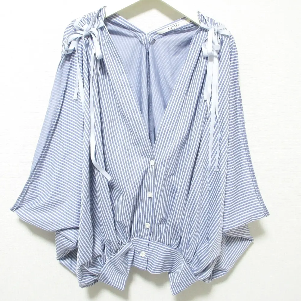 LIMI feu リミフゥ ストライプ柄 リボン Vネック ノースリーブ バルーン ブラウス シャツ LW-T08-052 S パープル系×ホワイト