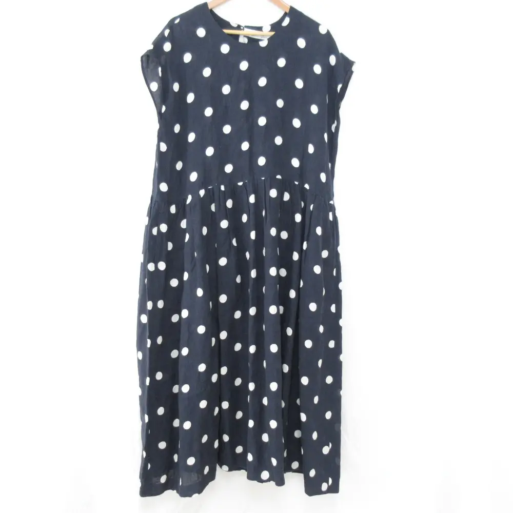Lisette リゼッタ ドット柄 リネン100％ フレンチスリーブ マキシ丈 ワンピース L0-20E214 ネイビー