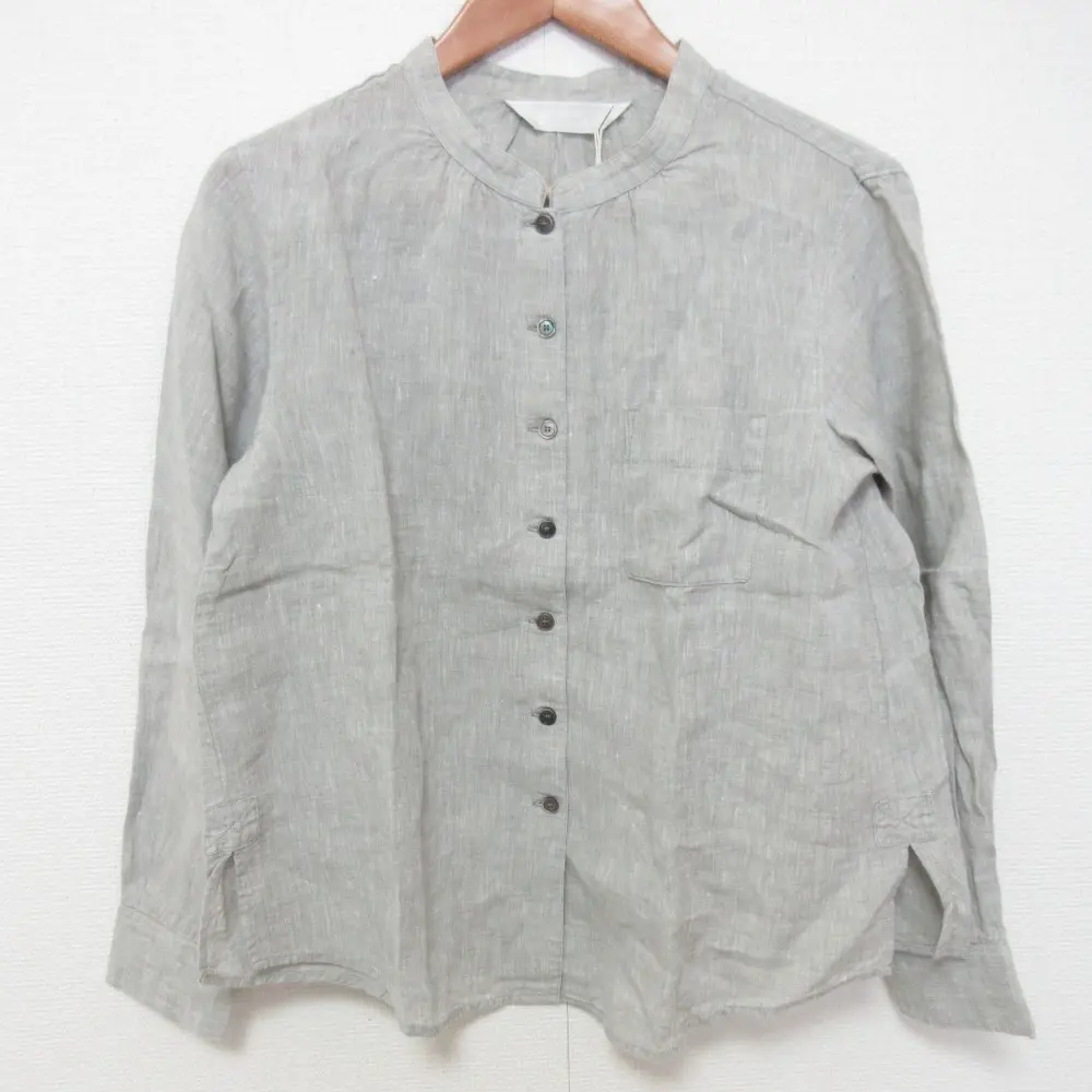 Lisette リゼッタ ニコル リネン100％ ロングスリーブ バンドカラー ブラウス シャツ サイズ38 グリシャンブレー ライトグレー
