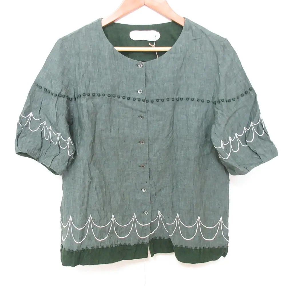 Lisette リゼッタ リッツァ リネン100％ 刺繡 ショートスリーブ ノーカラー ブラウス シャツ 38 エメラルド グリーン