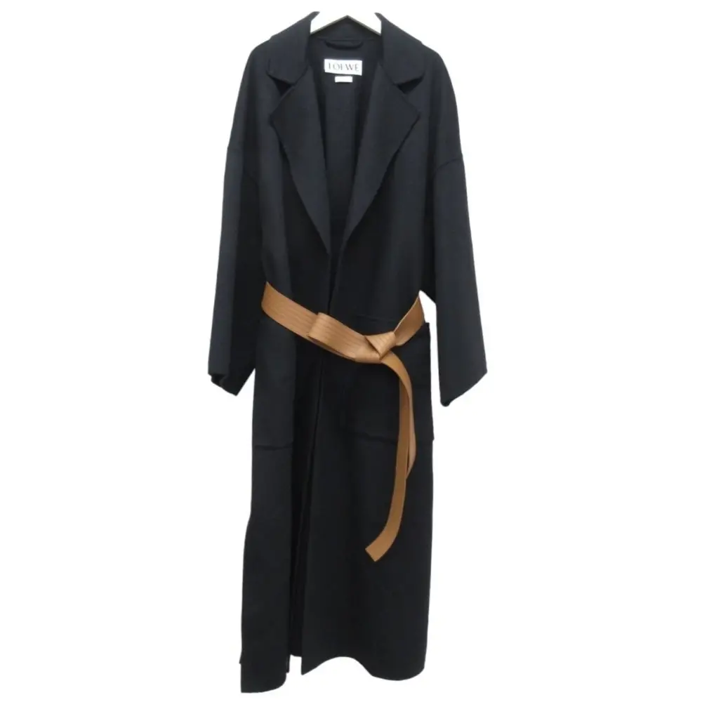 LOEWE ロエベ カシミヤブレンド アナグラムレザーパッチ オーバーサイズ ベルテッドリバーコート XS ブラック