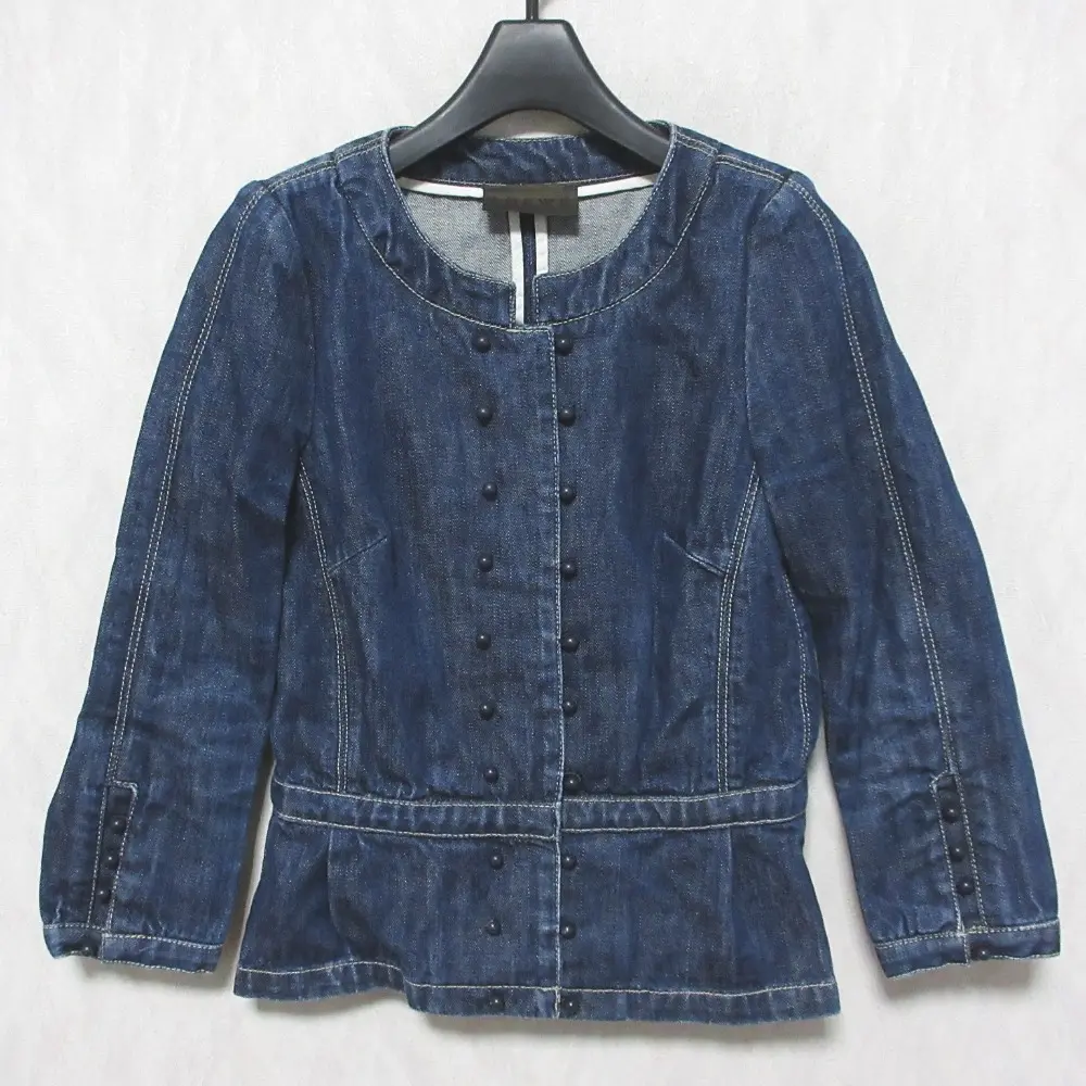 LOEWE ロエベ ステッチ ペプラム ノーカラー デニムジャケット Gジャン ブルゾン 38 インディゴ