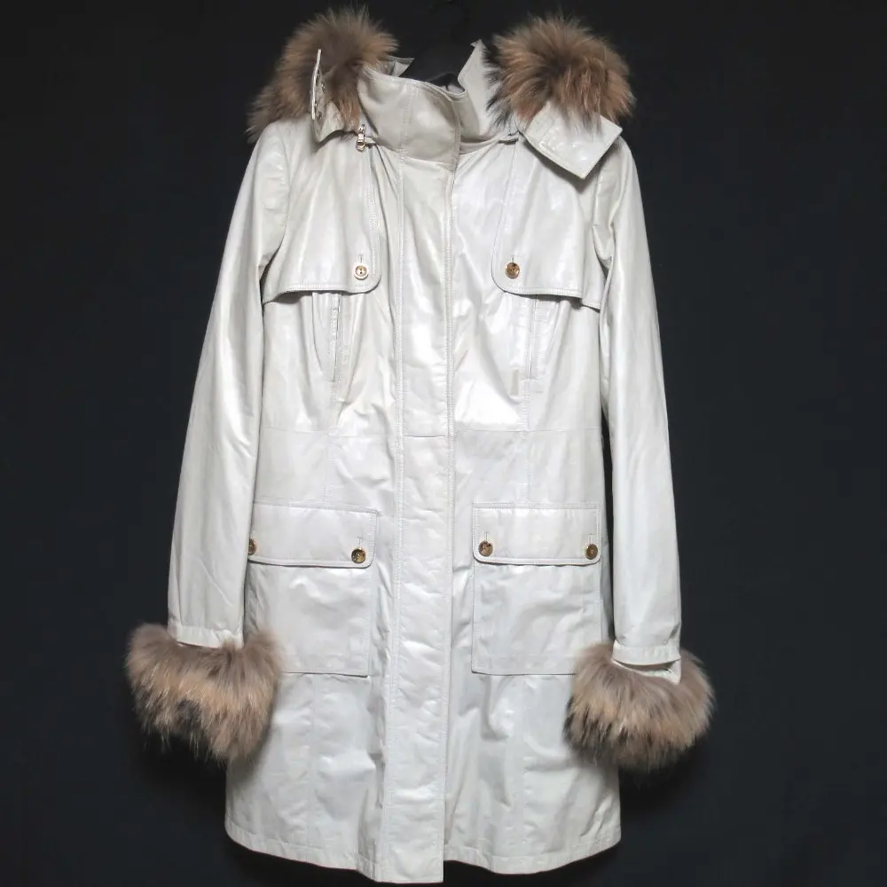 LOEWE ロエベ ラムレザー フォックスファー フーディー モッズコート 40サイズ アイボリー