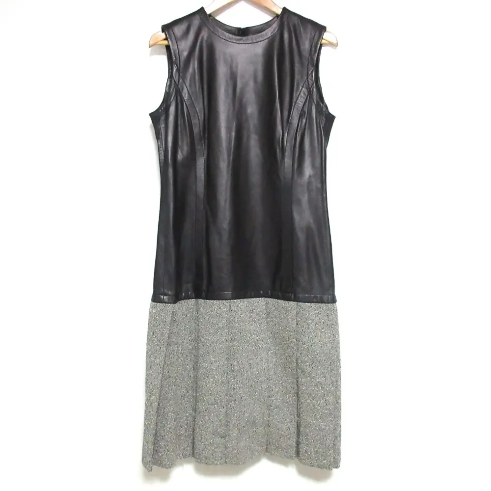 LOEWE ロエベ ヴィンテージ ナッパレザー×ウール ノースリーブ ひざ下丈 ドッキングワンピース ドレス 42 ブラック