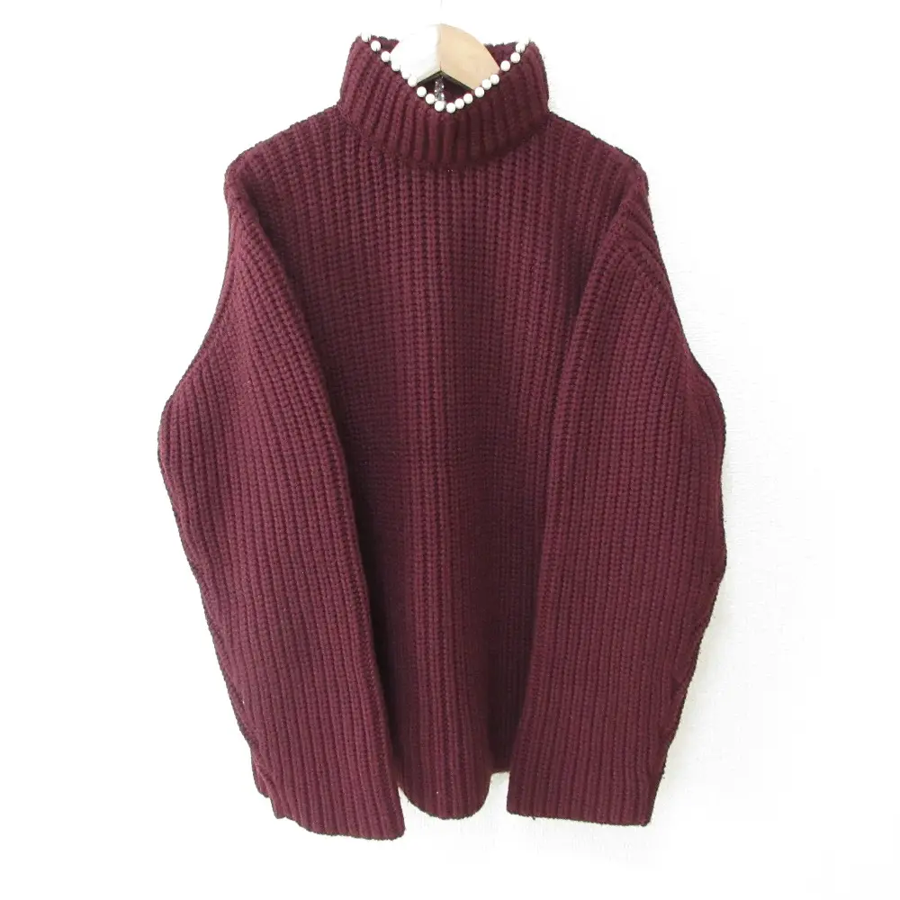 LOEWE ロエベ パール装飾 カシミヤ100% 長袖 ニット セーター M ボルドー