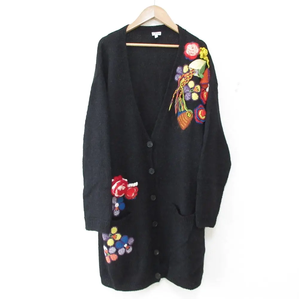 LOEWE ロエベ アップリケ アルパカウール ロングニット カーディガン オーバーサイズ XS ブラック