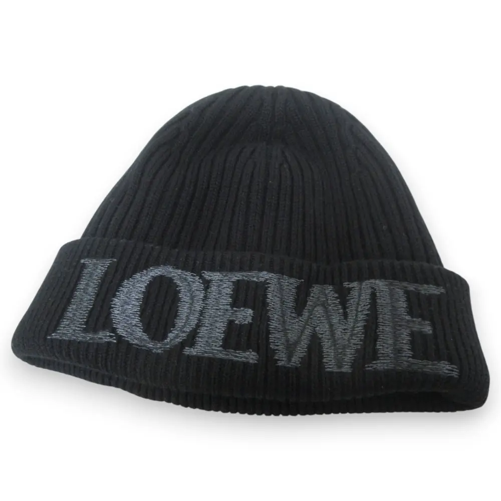LOEWE ロエベ ウール100％ ロゴ刺繍 ビーニーキャップ ニットキャップ 帽子 F540257X23 ブラック×グレー